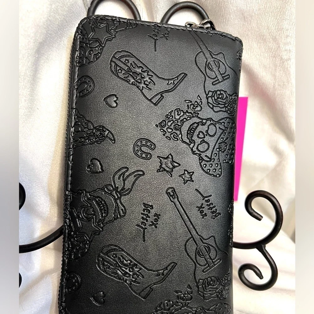☠️Betsey Johnson Black Cowboy Boots Skulls Guitars Embossed Wallet/Wristlet☠️NWT